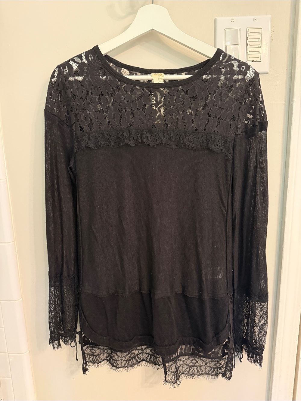 Free People Black Long Sleeve Top w/ Lace Trim